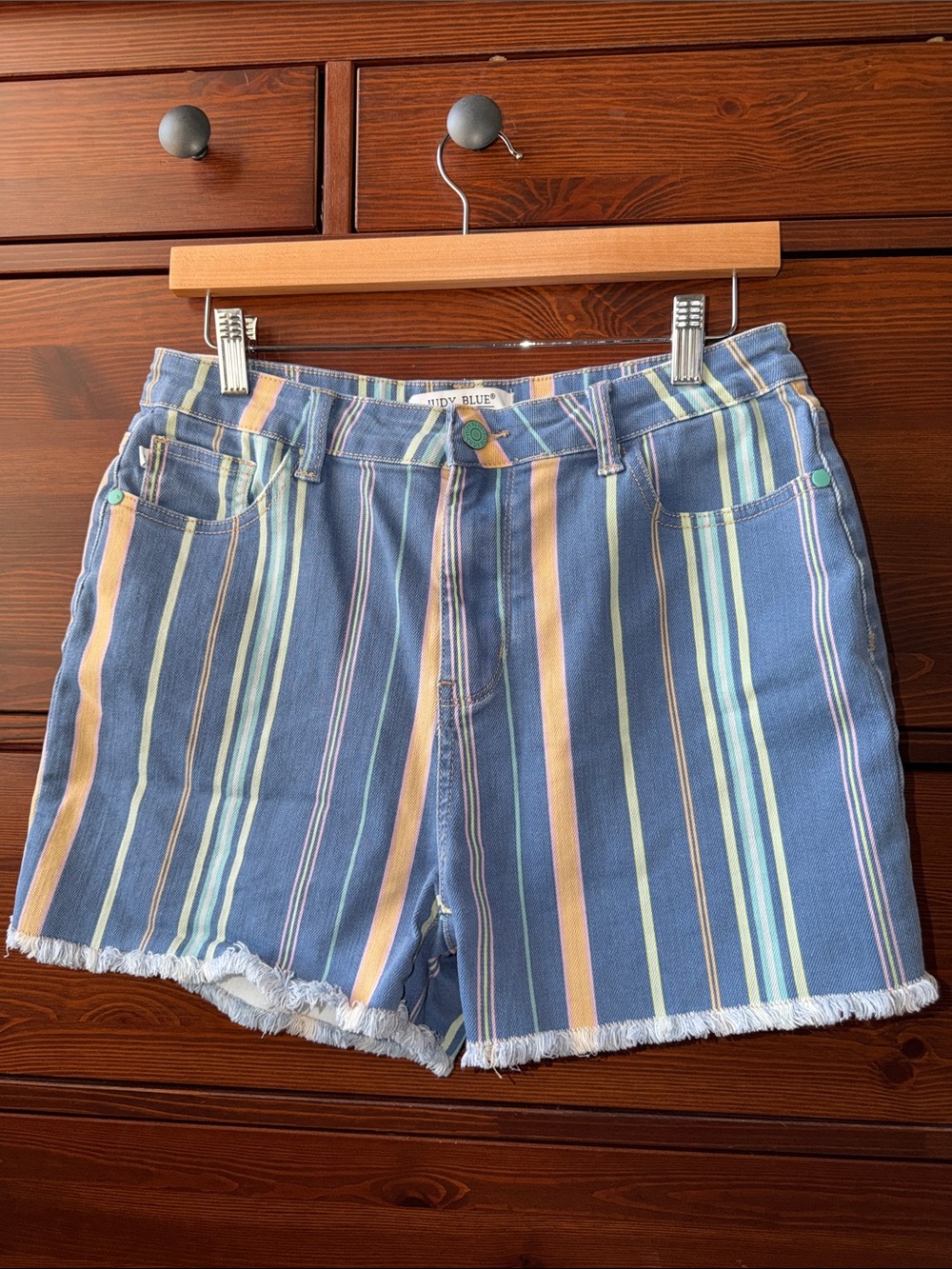 Judy Blue High Rise Frayed-Hem Striped Shorts - Lake Life - Picture 2 of 7